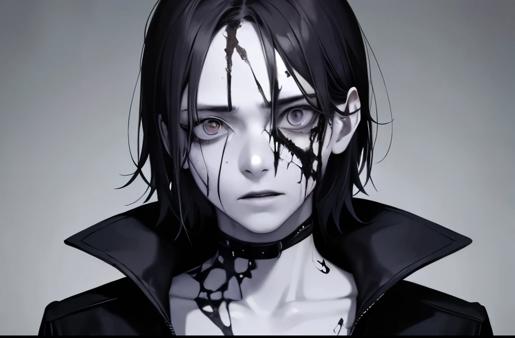 game_cg, official_art, normal quality, zombie, undead, 1boy, 1girl, pale skin, grey skin, torn clothes, wounded, empty eyes, grey background, transparent background, portrait, concept art