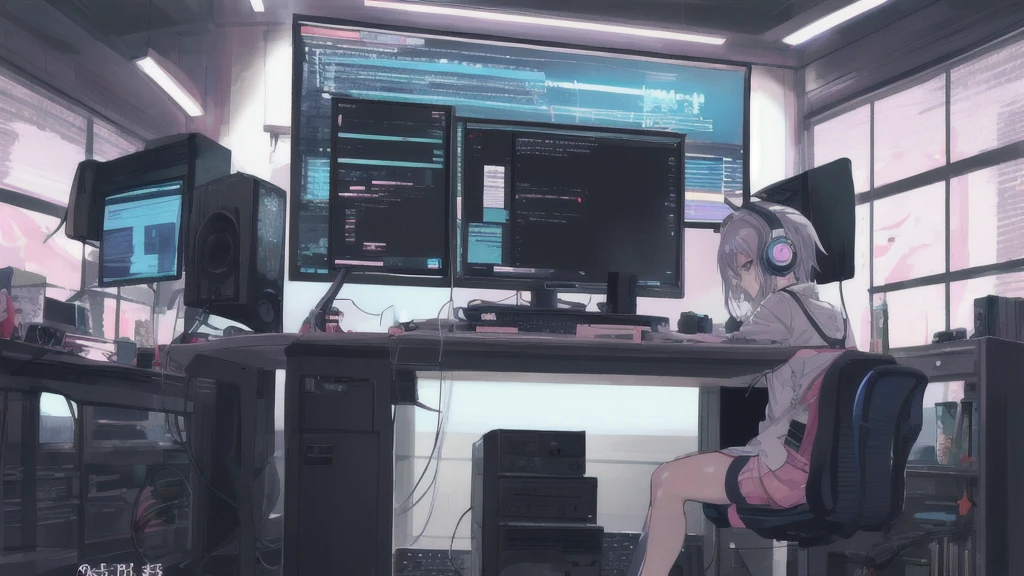 Create a detailed and cohesive anime-style illustration. The scene should depict a woman wearing headphones, sitting at a desk, and looking at a computer screen as she researches. The setting should have a cozy, Lofi music-inspired atmosphere. Through the window behind her, show a serene night scene. The woman should be focused on the computer, with soft lighting illuminating her and the surroundings, emphasizing a calm and productive mood.