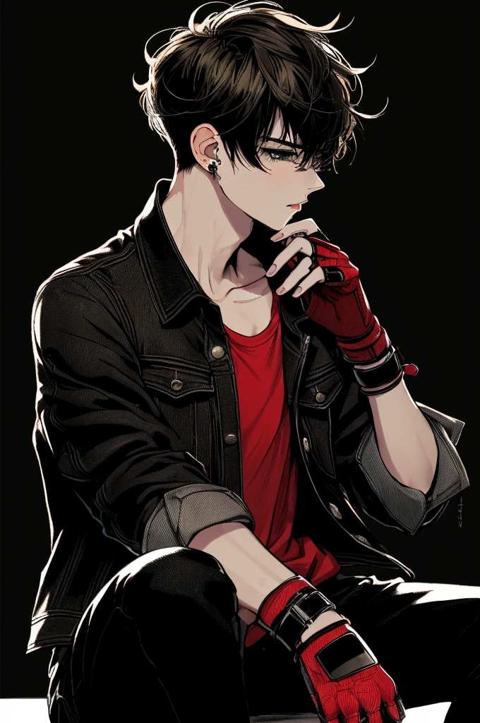 Attractive boy •Green eyes •Slanted eyes •Neutral expression •Black leather jacket •Dark yellow undershirt •Light brown hair •Messy hair •Noticeable blush