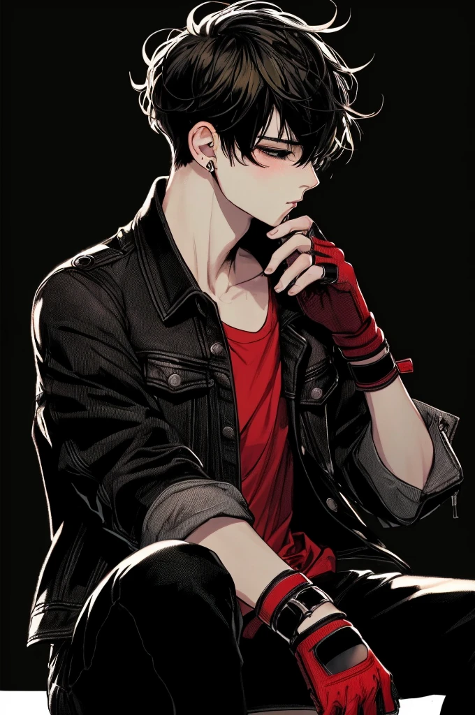 Attractive boy •Green eyes •Slanted eyes •Neutral expression •Black leather jacket •Dark yellow undershirt •Light brown hair •Messy hair •Noticeable blush 