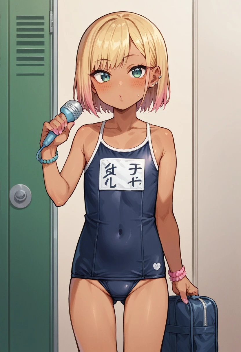 ((young girl ,short stature,gyaru)) ,flat chestembarrassed, flushed, flushing,black twintail ghair,cowboy shot,school swimwear,nsfw,heavyset,pooiside,looking at viewer