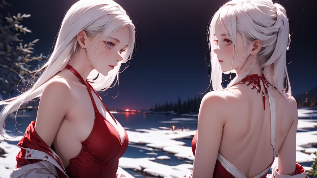1 Girl, medium light white hair, light white eyes, wearing Red Suit 4D , night TOWN 18+, high res, ultrasharp, 8K, masterpiece, looking from behind