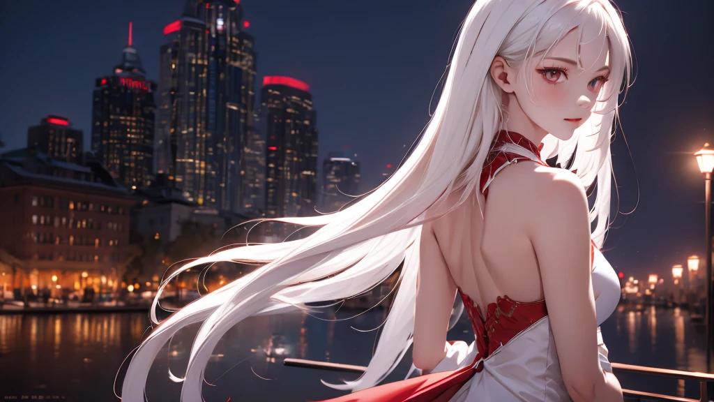 1 Girl, medium light white hair, light white eyes, wearing Red Suit 4D , night TOWN 18+, high res, ultrasharp, 8K, masterpiece, looking from behind
