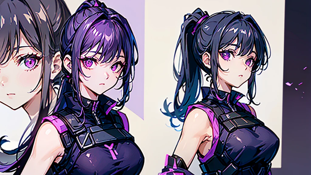reference sheet, model sheet,(multiple views, [from behind|from side|from front|close-up|upper body|portrait]:1.2),One girl,human, Dark hair with purple strands, Ponytail, purple eyes, black outfit,wearing bulletproof vest,beautiful, masterpiece, best quality, perfect lighting,8k,clean. 