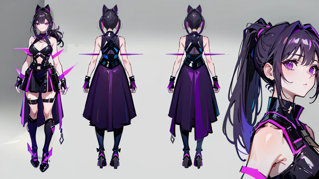 reference sheet, model sheet,(multiple views, [from behind|from side|from front|close-up|upper body|portrait]:1.2),One girl,human, Dark hair with purple strands, Ponytail, purple eyes, black outfit,wearing bulletproof vest,beautiful, masterpiece, best quality, perfect lighting,8k,clean. 