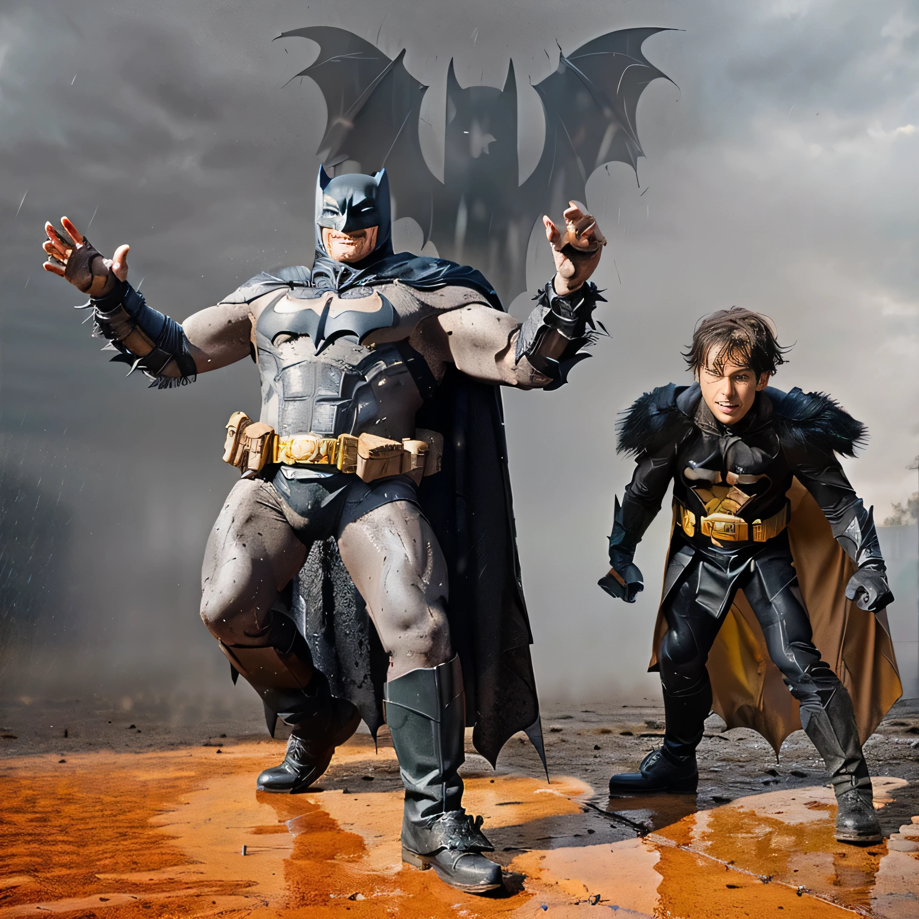 Batman and Robin on a wet dirt floor, the shadow of an evil bat behind, a sky with gray rain clouds.