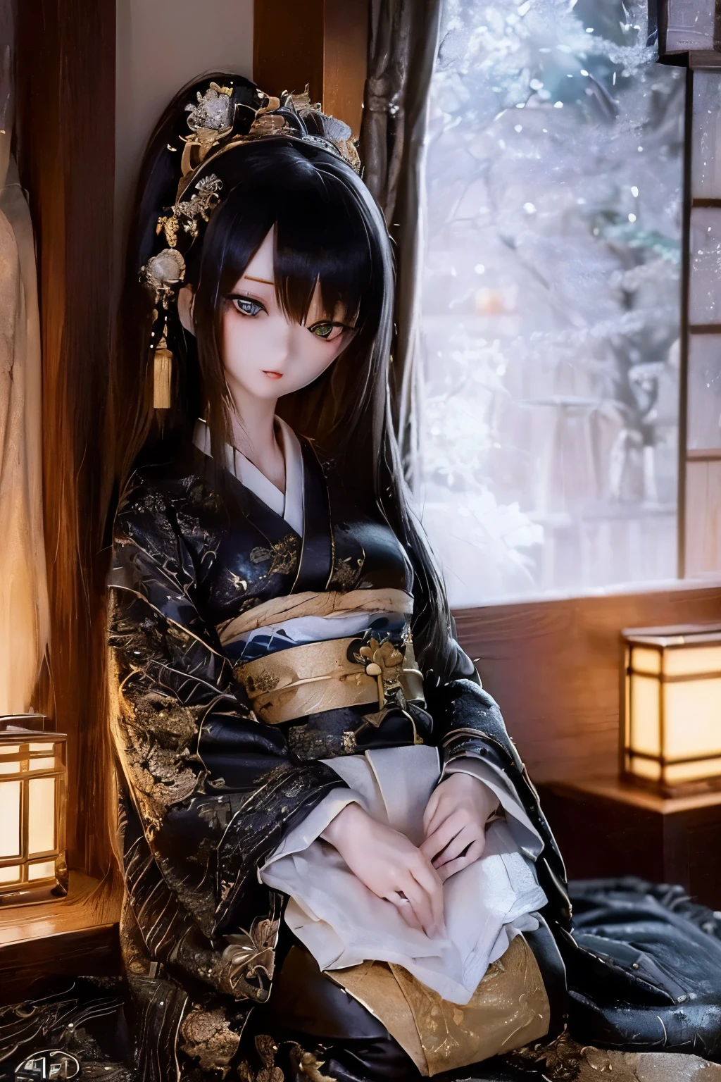 (SFW:2), photorealistic, realistic photo, ((highest quality)), ((masterpiece)), ((extremely detailed)), kukolnydom, doll, (mature woman, 24yo, 24 years old:2), solo, ((seiza, skinny, slender, slim, black kimono, obi, obidome, hair ornament)), green eyes, almond eyes, parted lips, (black hair, long hair, looking at another, blank eyes, empty eyes, detailed eyes, detailed clothes:1.3), Japanese room, 8k