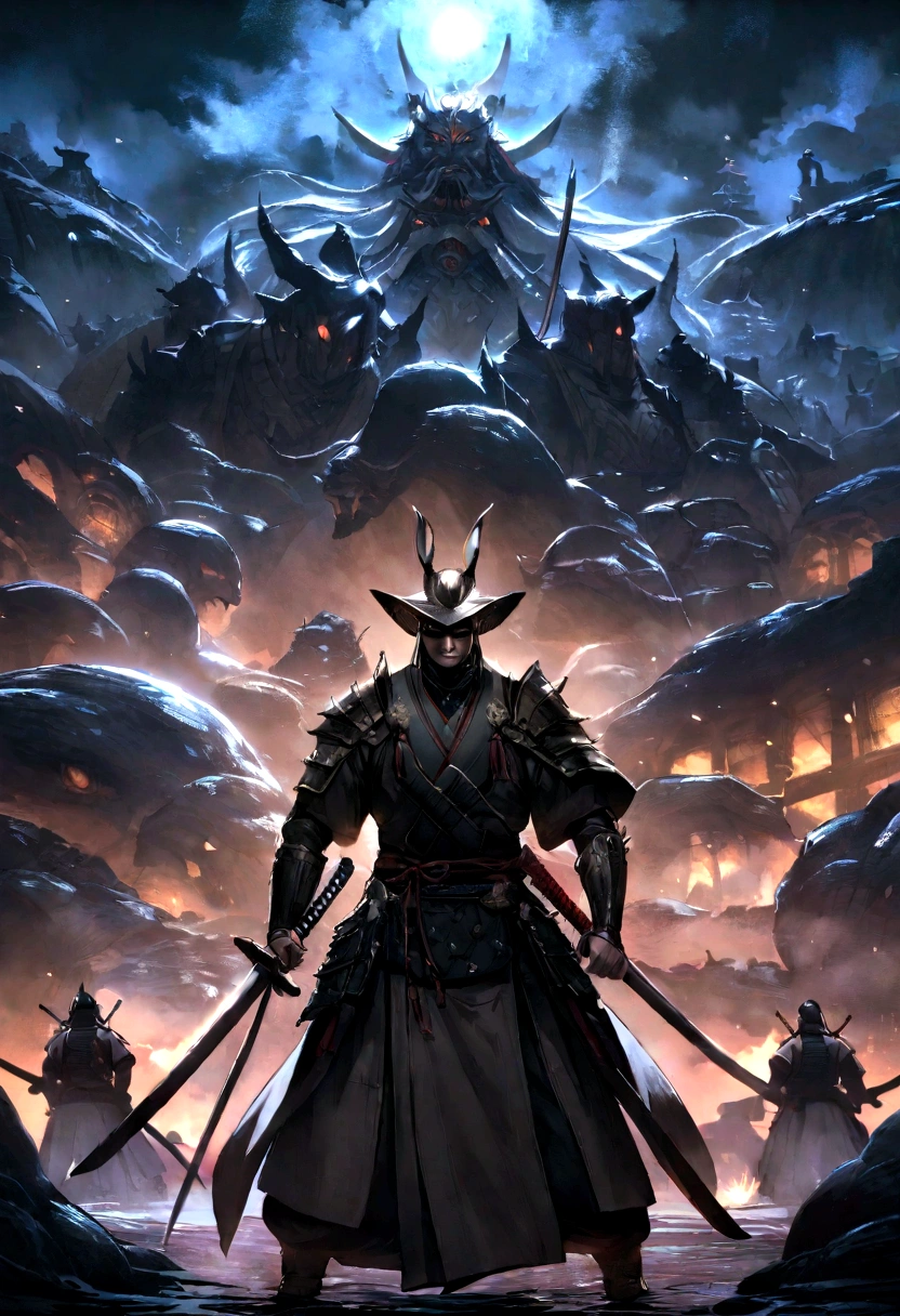 group of samurai, The samurai are ready to fight,neon lig,dark fantasy vibe,eventide,8K,cinematic lighting,with a katana,pillars,rivers,full armed, várivers samurais, アニメ, without a helmet, face detailed.
