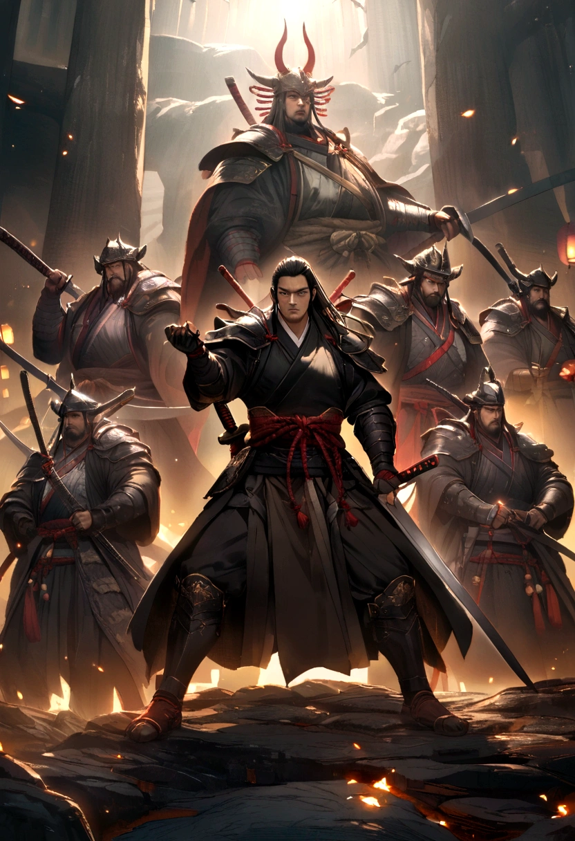 group of samurai, The samurai are ready to fight,neon lig,dark fantasy vibe,eventide,8K,cinematic lighting,with a katana,pillars,rivers,full armed, várivers samurais, アニメ, without a helmet, face detailed.