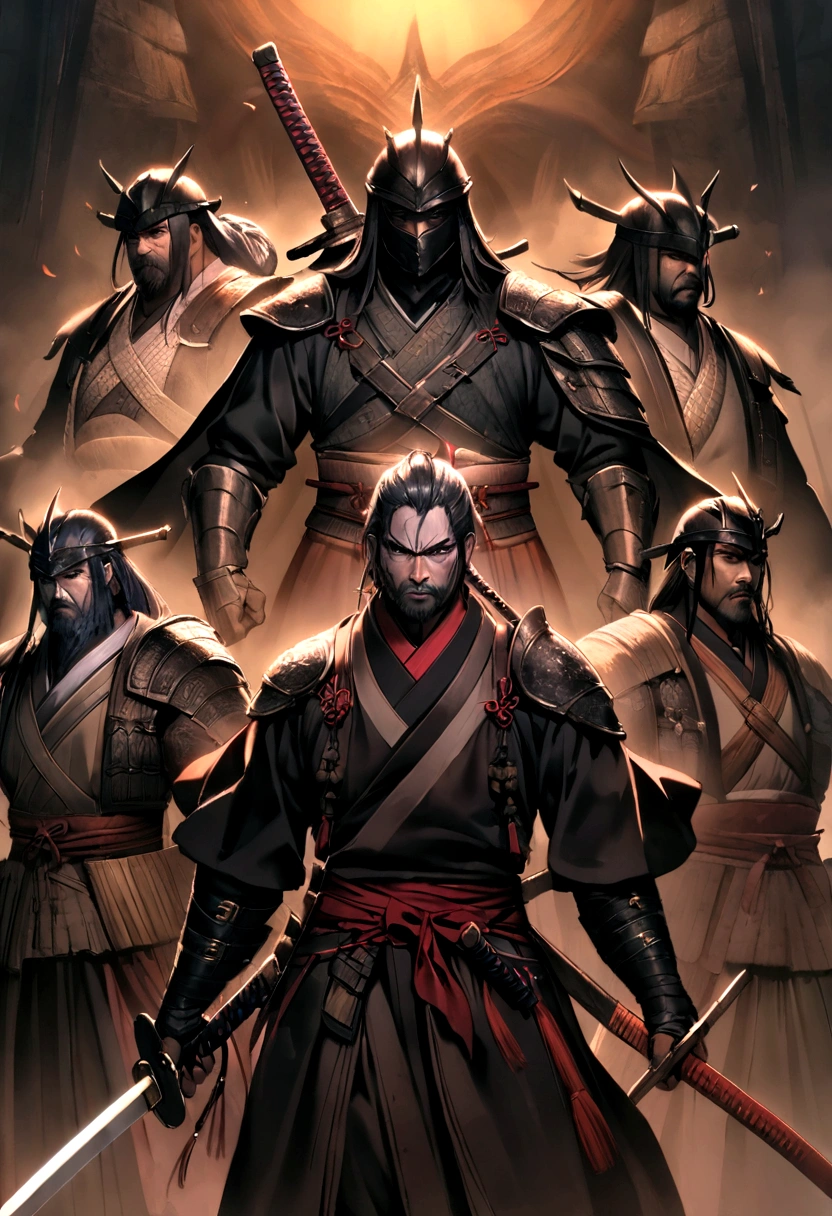 group of samurai, The samurai are ready to fight，neon lig，dark fantasy vibe，eventide，8K，cinematic lighting，with a katana，pillars，rivers，full armed, várivers samurais, アニメ, without a helmet, face detailed.