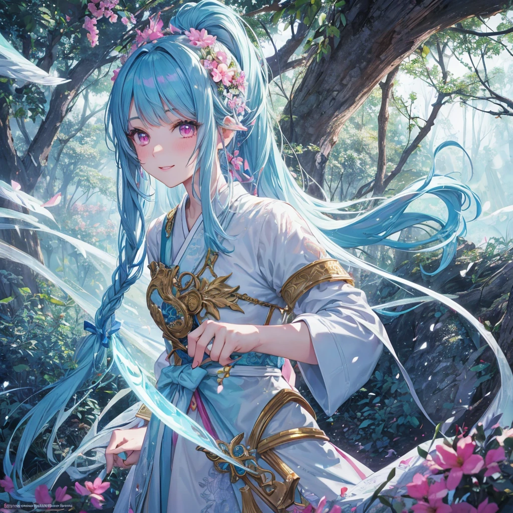 sky Blue hair, (braided ponytail),(pink eyes),fair skin ,(full body),1 girl,smile,white red kimono,Fresh green forest,Forest Goddess,Straight Bangs,(masterpiece, best quality, ultra-detailed, best shadow), (detailed background), (beautiful detailed face), high contrast, (best illumination, an extremely delicate and beautiful), ((cinematic light)), colorful, hyper detail, dramatic light, intricate details,guardian of the forest,Leaf Blizzard,high quality,