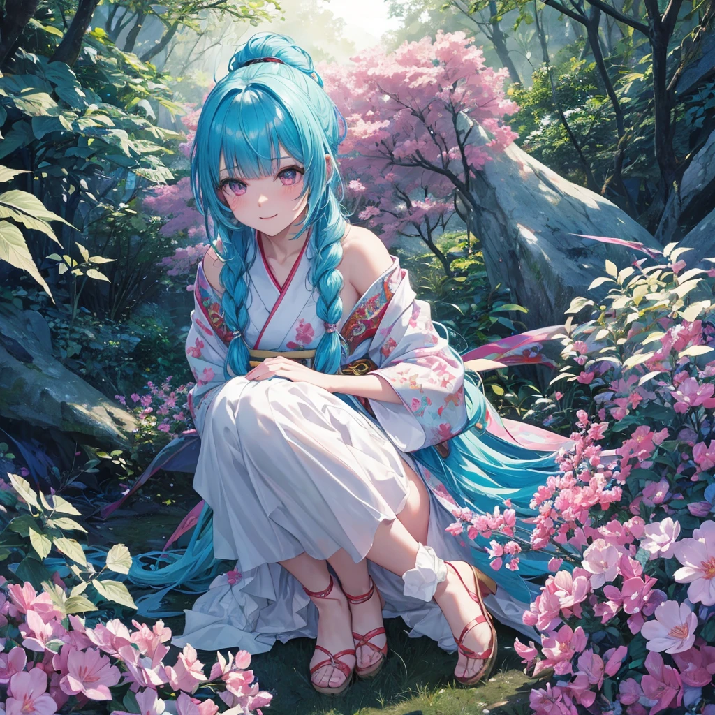 sky Blue hair, (braided ponytail),(pink eyes),fair skin ,(full body),1 girl,smile,white red kimono,Fresh green forest,Forest Goddess,Straight Bangs,(masterpiece, best quality, ultra-detailed, best shadow), (detailed background), (beautiful detailed face), high contrast, (best illumination, an extremely delicate and beautiful), ((cinematic light)), colorful, hyper detail, dramatic light, intricate details,guardian of the forest,Leaf Blizzard,high quality,