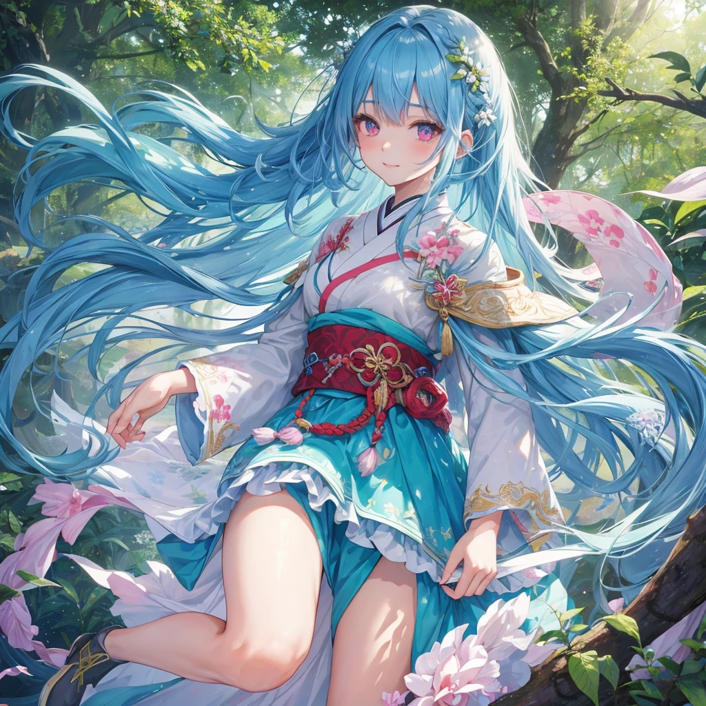 sky Blue hair, (braided ponytail),(pink eyes),fair skin ,(full body),1 girl,smile,white red kimono,Fresh green forest,Forest Goddess,Straight Bangs,(masterpiece, best quality, ultra-detailed, best shadow), (detailed background), (beautiful detailed face), high contrast, (best illumination, an extremely delicate and beautiful), ((cinematic light)), colorful, hyper detail, dramatic light, intricate details,guardian of the forest,Leaf Blizzard,high quality,