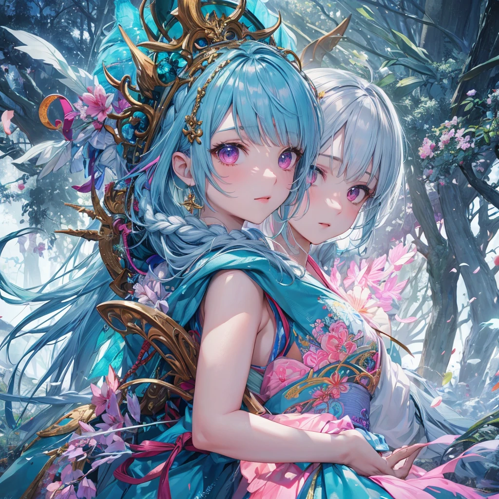 sky Blue hair, (braided ponytail),(pink eyes),fair skin ,(full body),1 girl,smile,white red kimono,Fresh green forest,Forest Goddess,Straight Bangs,(masterpiece, best quality, ultra-detailed, best shadow), (detailed background), (beautiful detailed face), high contrast, (best illumination, an extremely delicate and beautiful), ((cinematic light)), colorful, hyper detail, dramatic light, intricate details,guardian of the forest,Leaf Blizzard,high quality,