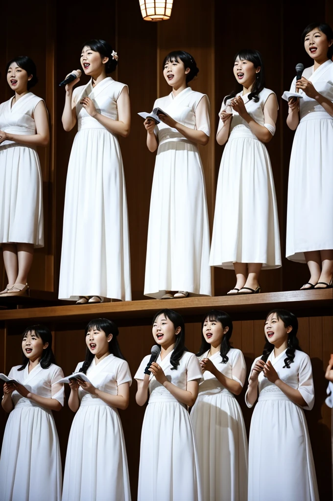 A chorus of beautiful Japanese women singing in white dresses.