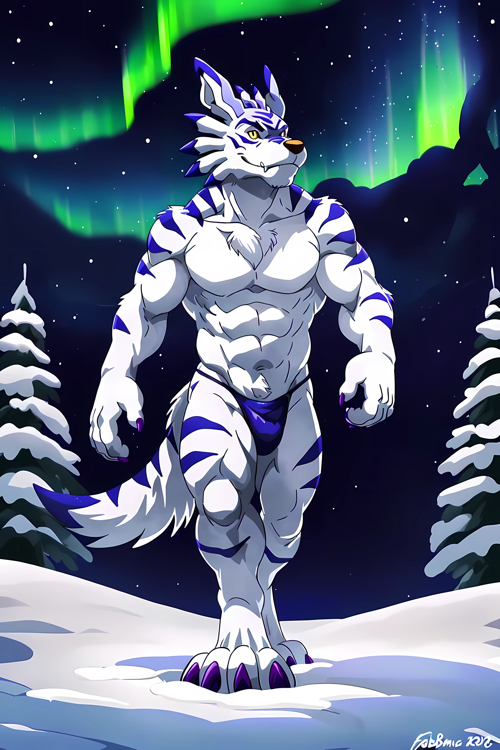 Garurumon, full body, feral legs, standing, posing, fangs, high quality, yellow eyes, big eyes:1.1, detailed eyes, muscular, pectorals, by wfa, by rossciaco, by seibear, by fabfelipe, purple claws, big paws, snow, snow ground, night, night sky, aurora, starry sky, northern lights, (dim, dim lighting, dark, darkness):1.2, cel shaded, big paws, sharp claws, wolf tail, correct anatomy, correct proportions, walking, black thong