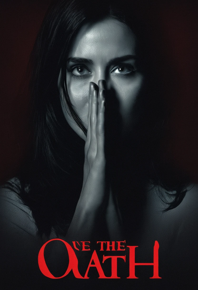 **Film Title:** "The Oath"
**Poster Description:**
The background is dark and mysterious, suggesting an atmosphere of suspense. At the center, a woman with her back to the viewer, dressed simply and with long, dark hair, makes an oath sign with his fingers (pussy), increasing the mystery around you. Your figure contrasts with the dark background, standing out for its subtle lighting that only highlights its contours.
Above the woman, in sinister and red letters, is the title "The Oath", conveying a feeling of suspense and intrigue. down, in smaller letters, "A psychological thriller", reinforces the film's genre.
in the bottom right corner, a subtle detail reveals shadows cast in a dark environment, suggesting a sinister presence. The poster set creates a sense of mystery and suspense, evoking the style of a psychological horror film in an intriguing and impactful way.