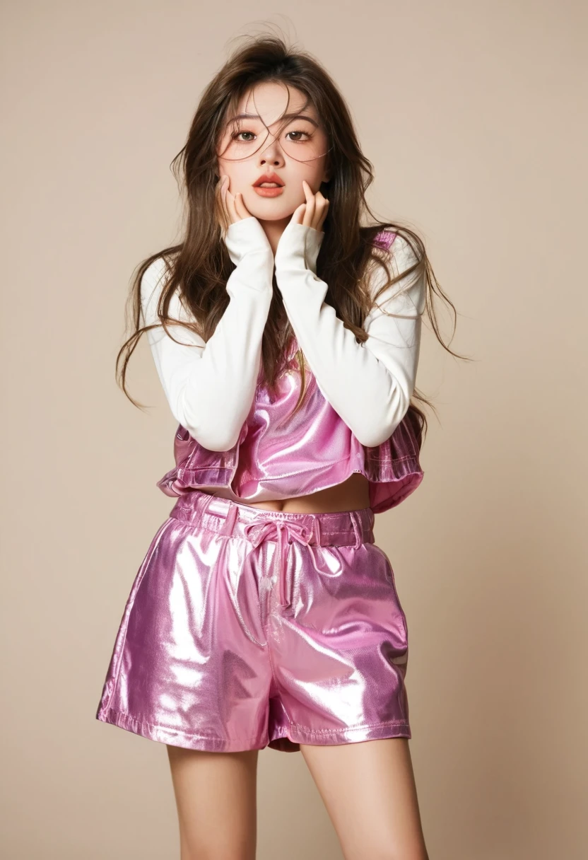 A beautiful girl in an embarrassing outfit showing an embarrassed expression
