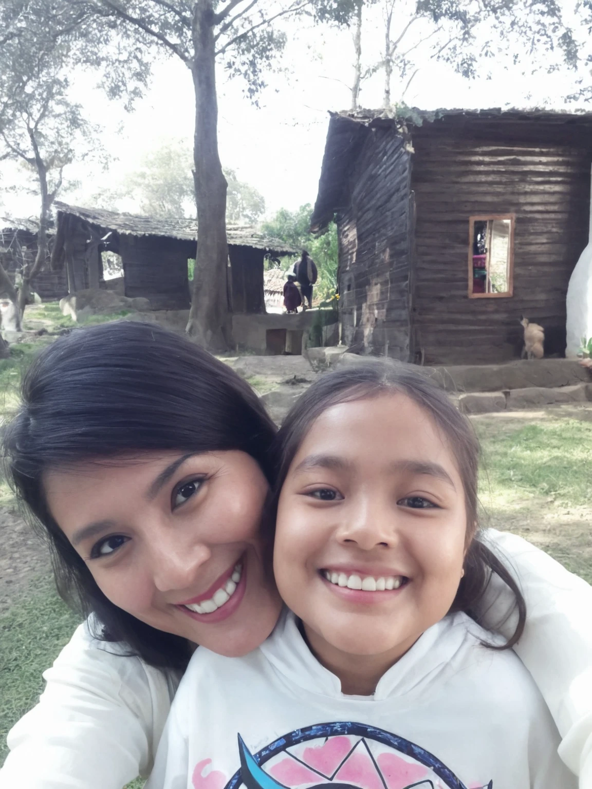 There is a woman and her daughter, they smile for the camera.