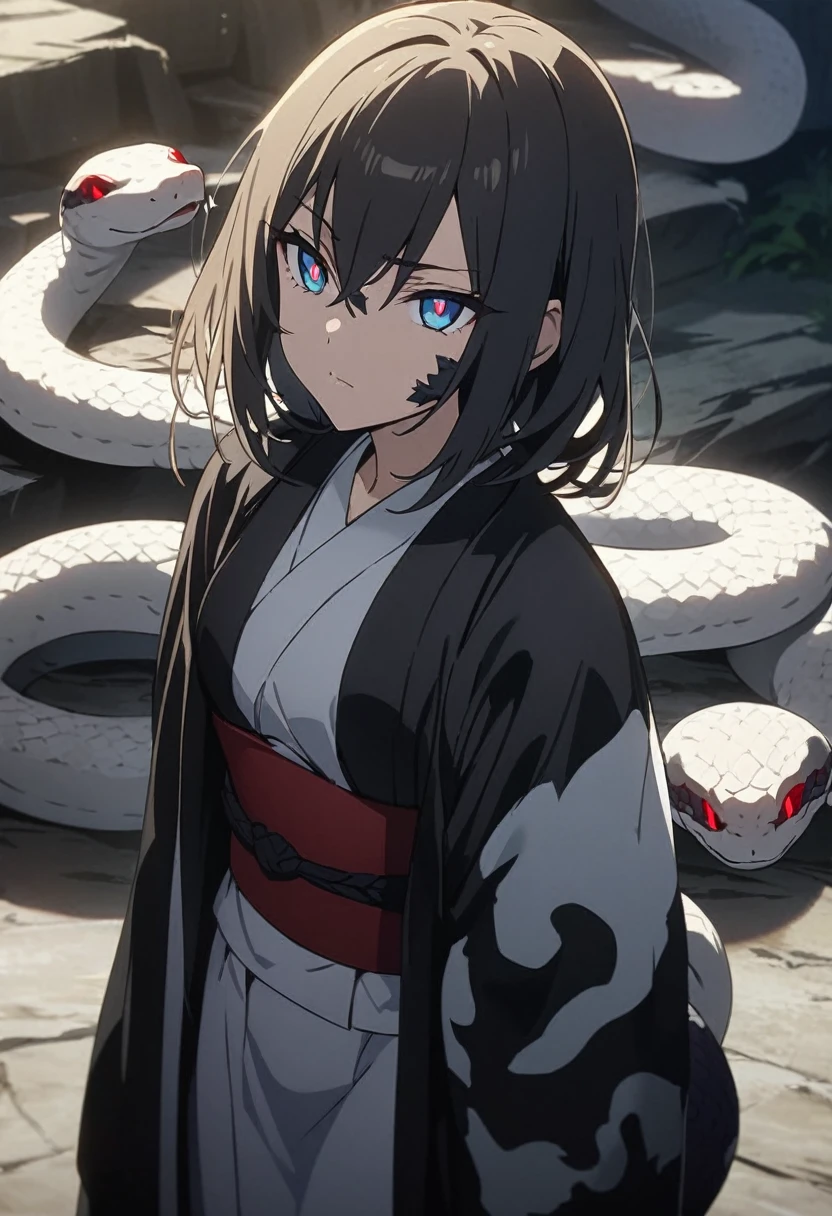 One woman, masterpiece, top quality, fair skin, black hair, blonde hair, blue eyes, red pupils, snake, plain white kosode, black haori, black scales all over the body, wearing a red obi, anime