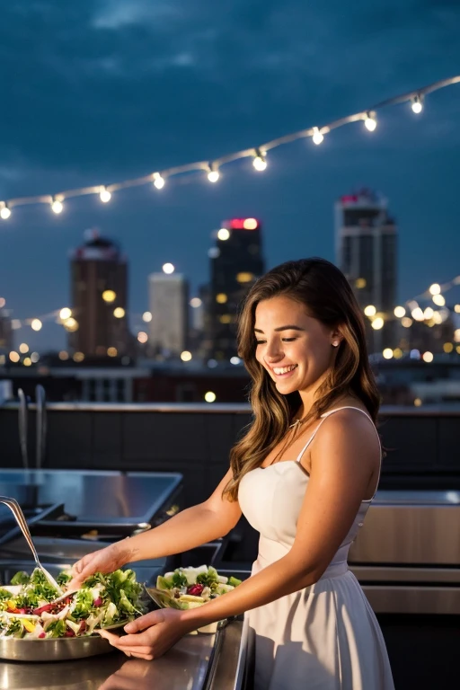 Wide Shot, dusk, (Scarlett Emerson serving a salad, happy expression), soft twilight lighting, (in an urban rooftop kitchen, city skyline, string lights), (35mm lens, Canon EOS R5, vibrant colors, professional, urban photography, trending on 500px), by Alex Webb and Annie Leibovitz and Edward Hopper