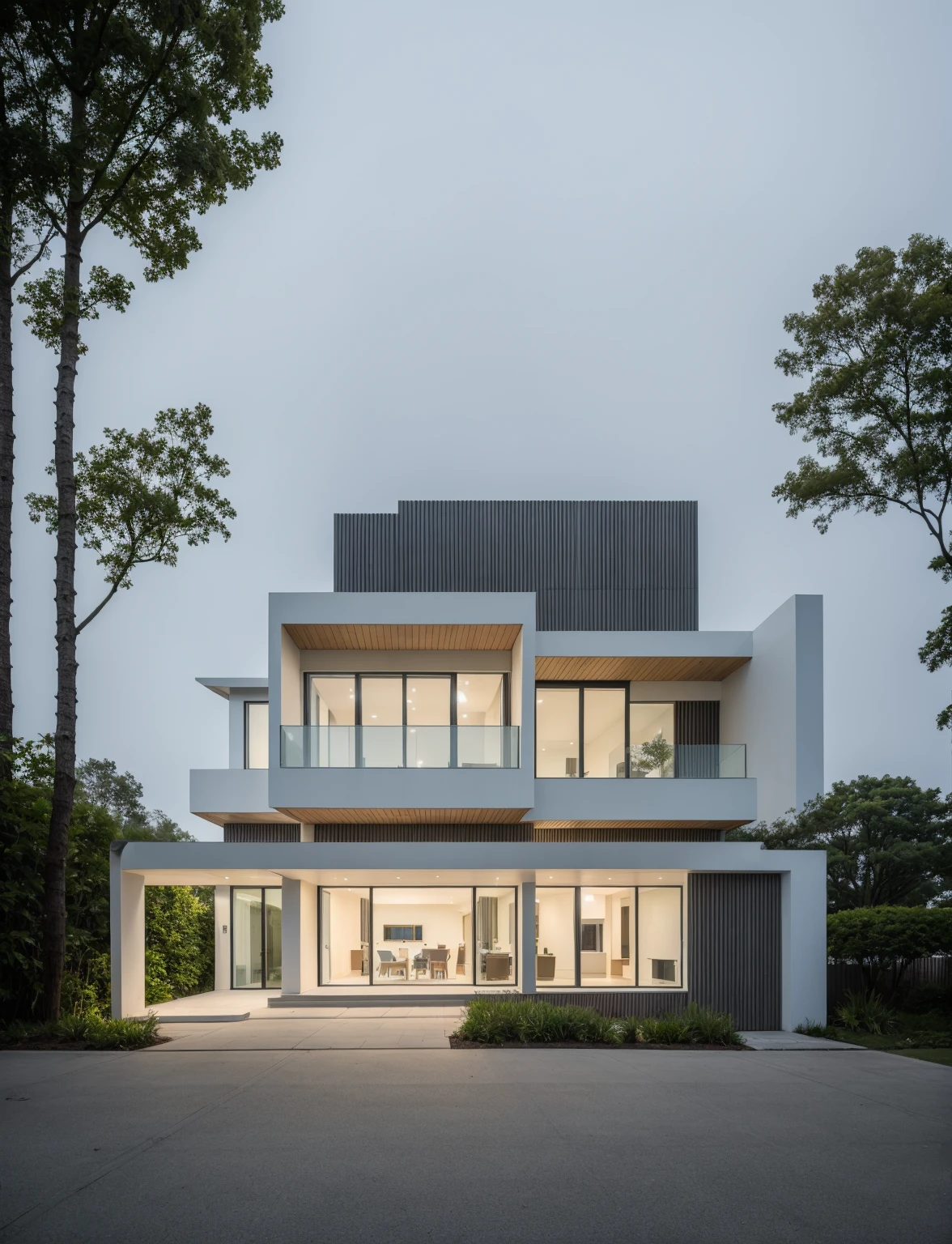 RAW photo, Exterior of two story white modern house, road, ((sidewalk)), ((sidewalk trees)), residences area, dawn time, overcast, fog, tropical trees and plants, (high detailed:1.2), 8k uhd, dslr, soft lighting, high quality, film grain, Fujifilm XT3, (sharpen:1.5)