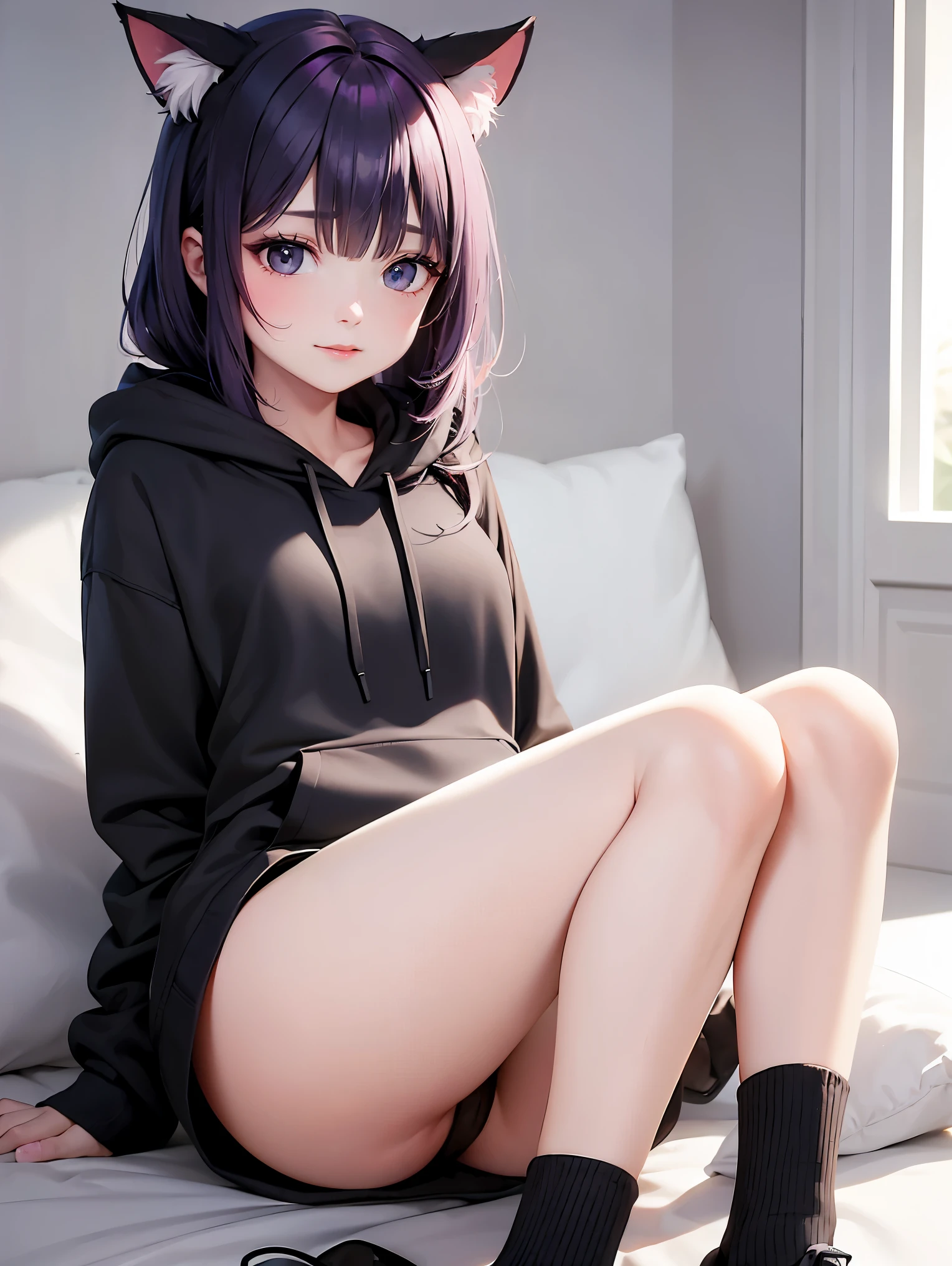 pretty young girl, have a cat ear on her ear, all body, purple silky hair, wear a hoodie and a half pant, wear a shoes with socks, in a hotel room, >, >,  black eyes and lens shining like a diamond, 16k quality, no glitches on image, deep shadow quality, best quality, no override, colorful, masterpiece, advanced shadow and background quality and details 