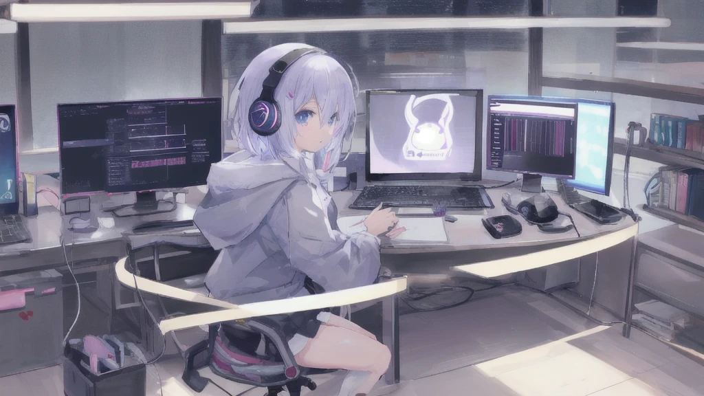 Create a detailed and cohesive anime-style illustration. The scene should depict a woman wearing headphones, sitting at a desk, and looking at a computer screen as she researches. The setting should have a cozy, Lofi music-inspired atmosphere. Through the window behind her, show a serene night scene. The woman should be focused on the computer, with soft lighting illuminating her and the surroundings, emphasizing a calm and productive mood.