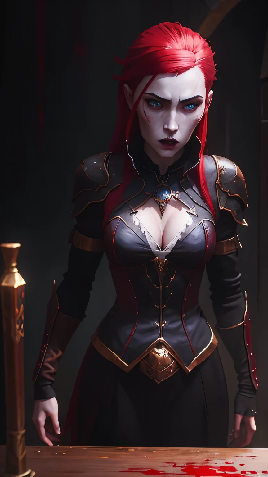 1girl, blue glowing eyes, red hair, pale skin, black gold armor,deep cleavage ,(vampire queen), fantasy dark souls world, fighting with, vampire Hunter, oil painting, detailed brushstrokes, haunting atmosphere, best quality, ultra-detailed, realistic, vivid colors, gothic style, eerie lighting, blood-red color tones.