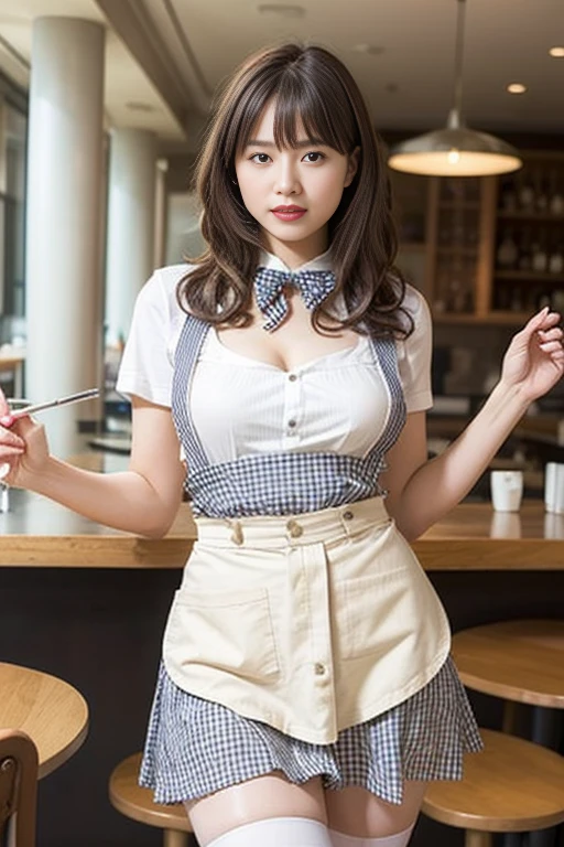 ooki masterpiece、Highest quality、Ultra-high resolution、(Photorealistic:1.6)、1 girl、(Long Hair:1.5)、(round face:1.3)、(Gingham check suspender apron:1.3)、(Plain blue high waist skirt:1.3)、(Apron skirt:1.2)、(White blouse:1.3)、(Double-breasted、Underbust:1.2)、Short sleeve、Button Gap、(Plain blue bow tie:1.2)、(Plump body:1.2)、(Smooth Skin:1.1)、Dynamic pose、(chest:1.2)、Cafe、restaurant、Red lipstick、Disheveled Hair、Spreading her legs、((Thighs))、