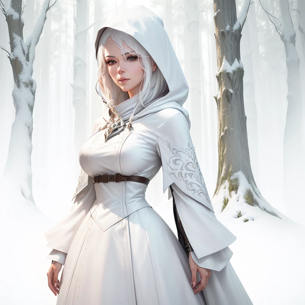 arafed woman with White hair and White hood and mask covering face in a forest, portrait of a female warlock, deviantart artstation cgscosiety, steven artgerm lau, artgerm julie bell beeple, alexandra fomina artstation, stanley artgerm lau, trendin on artstation, female mage, very beautiful leather top model