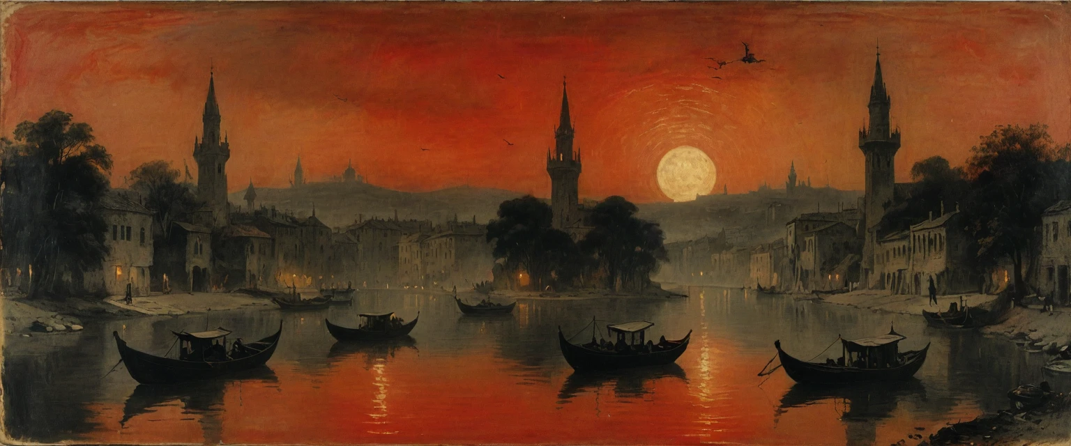 {{monochrome daguerreotype on old paper}}, by ((Joseph Mallord William Turner)), ( by Moebius Jean Giraud), (by James McNeill Whistler), the composition is:  (((the distant Dusk view of an ancient city with tall golden minarets))), ((there are two moons in the skies, in a river of red waters, in a jungle that is tropical, lush, with boats, lanterns and moths flying))
