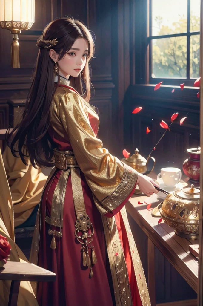 best quality, masterpiece, highres, (exquisite body:1.5),gorgeous face,(milky skin:1.3),intricate details,high resolution,wallpaper,
1girl, solo, dress, hair ornament, (((gold and red dress))), flowers, long hair, brown hair, closed mouth, jewelry, long sleeves, hand up, wide sleeves, big eyes,floating hair, chinese clothes, hanfu, embroidery, long skirt, natural pose, falling petals, indoor,fanning, lantern,
16K,HDR,highres,depth field,(film grain:1.1),boken,golden hour,(lens flare),vignette,rainbowing,(color grading:1.5)
