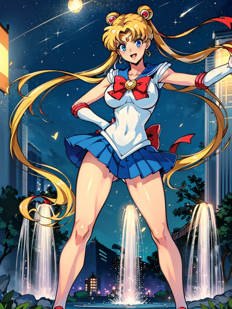 (High quality, 32k anime ultra HD, 1980s /(style/), retro art style, highly detailed, perfect anatomy), ((sailor moon, Tsukino Usagi)), 1 girl, solo, (blonde hair, short hair, pigtails, center parted bangs, hair blowing in the wind), (blue eyes, beautiful, super detailed), slightly open mouth, smiling, cowboy shot, (big boobs:1.3, firm chest, beautiful breasts), thin waist: 1.0, wide hips 1.2, big ass: 1.2, (dancing, fluttering, in the air, legs spread, in front of fountain), looking at viewer, (park background, night, big fountain, lighted street lamp, lamplight), (front view, from below), core_9_up, score_8_up, score_7_up, score_6_up,