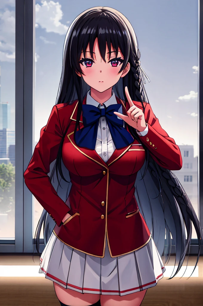 (masterpiece:1.3), (best quality:1.1), (8k, ultra detailed, ultra high res:1.2), (anime style), perfect 5 fingers, perfect anatomy, peace sign, 
1girl,
Suzune Horikita, 
Suzune Horikita \(youjitsu\),
BREAK long hair, braid, 
black hair, 
red eyes, (focus detailed eyes:1.2), 
blue bow, 
(medium breasts:0.9), 
BREAK red jacket, long sleeves, white skirt, pleated skirt, black thigh-high socks, 
looking at viewer, 
cowboy shot, 
perfect light, indoor, class room, 