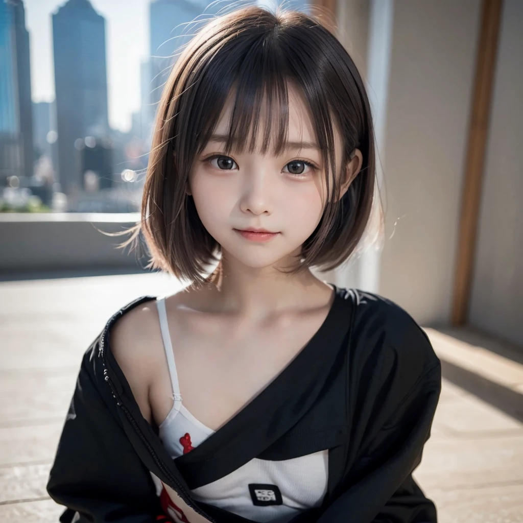 (((Beautiful girl small breasts))),Wearing a black jacket、Cyberpunk Red Green Background、(((Upper body naked))),smile,(((Small body))),(((Cute little sister))),１０age、Young、Elementary school girl、Round face,Big eyes, Round eyes、No makeup、Sweaty