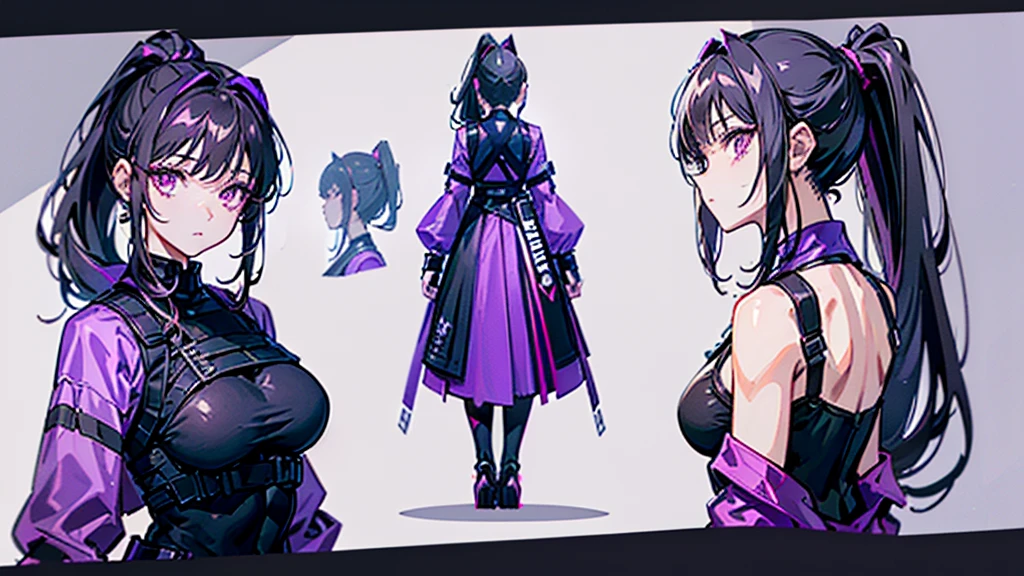 reference sheet, model sheet,(multiple views, [from behind|from side|from front|close-up|upper body|portrait]:1.2),chara-sheet,One girl,human, Dark hair with purple strands, Ponytail, purple eyes, black outfit,wearing bulletproof vest,beautiful, masterpiece, best quality, perfect lighting,8k,clean. 
