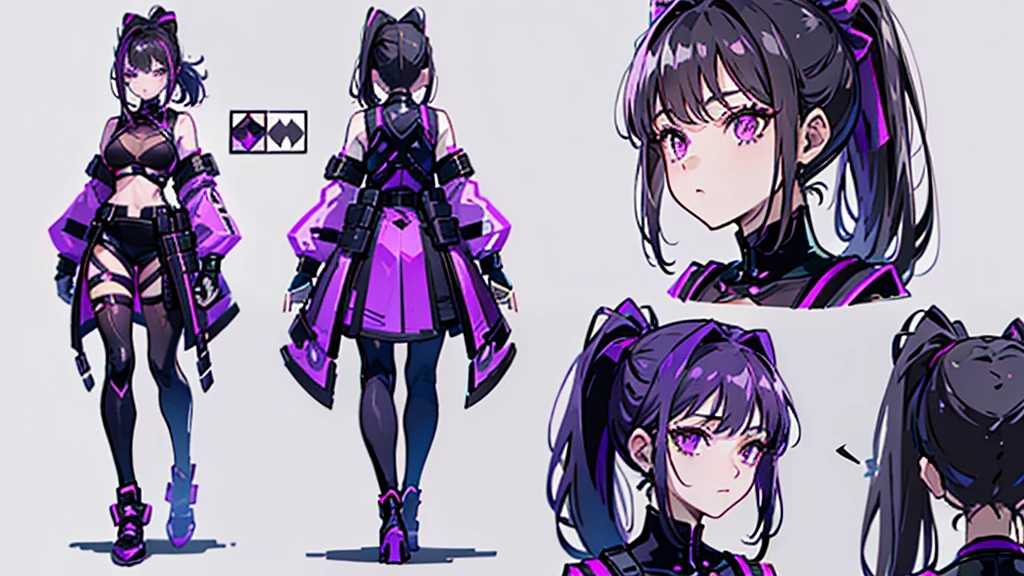 reference sheet, model sheet,(multiple views, [from behind|from side|from front|close-up|upper body|portrait]:1.2),chara-sheet,One girl,human, Dark hair with purple strands, Ponytail, purple eyes, black outfit,wearing bulletproof vest,beautiful, masterpiece, best quality, perfect lighting,8k,clean. 