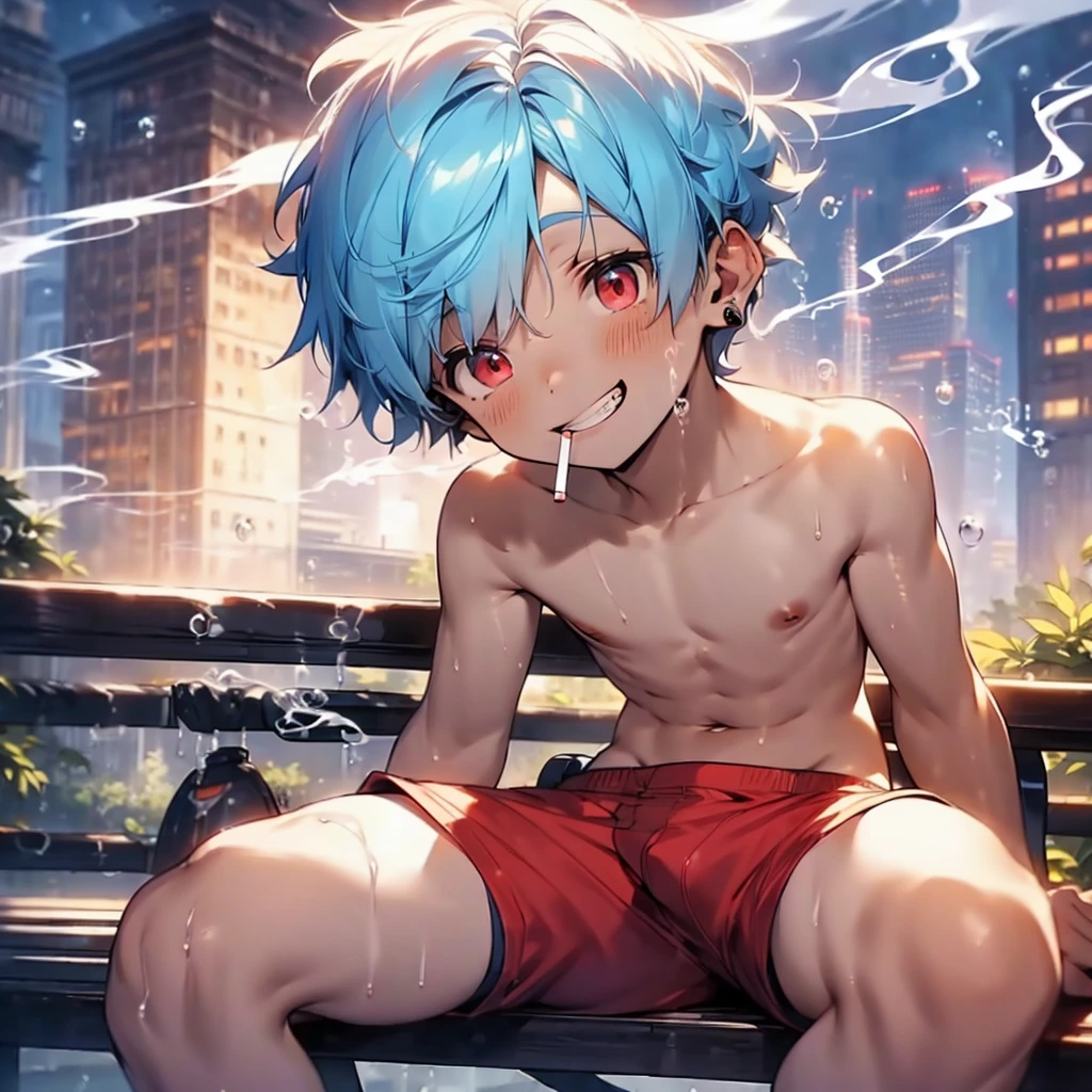 (solo:2), (boldline:-1.8), (smoking:1.6), (((bubble))), (sitting on bench:1.5), (spread legs:1.5), (((fang))), (((best finger))), BREAK (best quality:1.5), (absolutely resolution:1.5), (ultra detailed:1.5), (masterpiece:1.5), (perfect face), (detailed face), (detailed eyes), (best eyes), (cute face), (shota:2), BREAK (topless:1.5), BREAK (red short pants:1.5), (see throgh wet clothes:1.2), (bulge:1.6), (skinny:1.3), (spiked hair), BREAK (light blue hair:1.5), (wine red eyes:1.4), (eyes with highlight:1.6), ((mole under eye)), (sweaty skin), (light skin), (grin:1.5), ((earrings)), (shiny skin:1.3), BREAK (garden), (building:1.5), (at twilight:1.5), ((wind blowing)), ((nipple)), (abs), (groin),