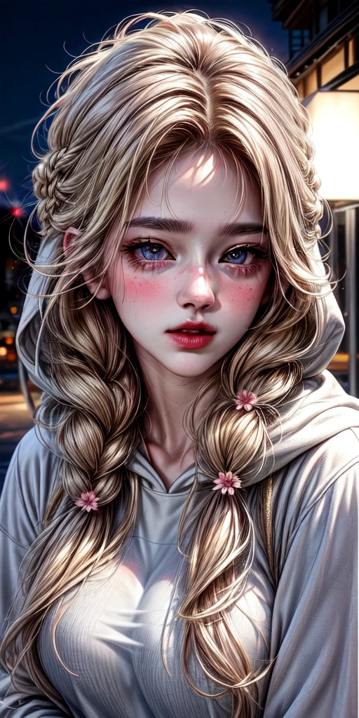 realistic, 1woman, blond hair, brown eyes, glowing eyes, white hoodie, pant, blush, night, flowers, sun, sunlight, mature woman in her twenties,