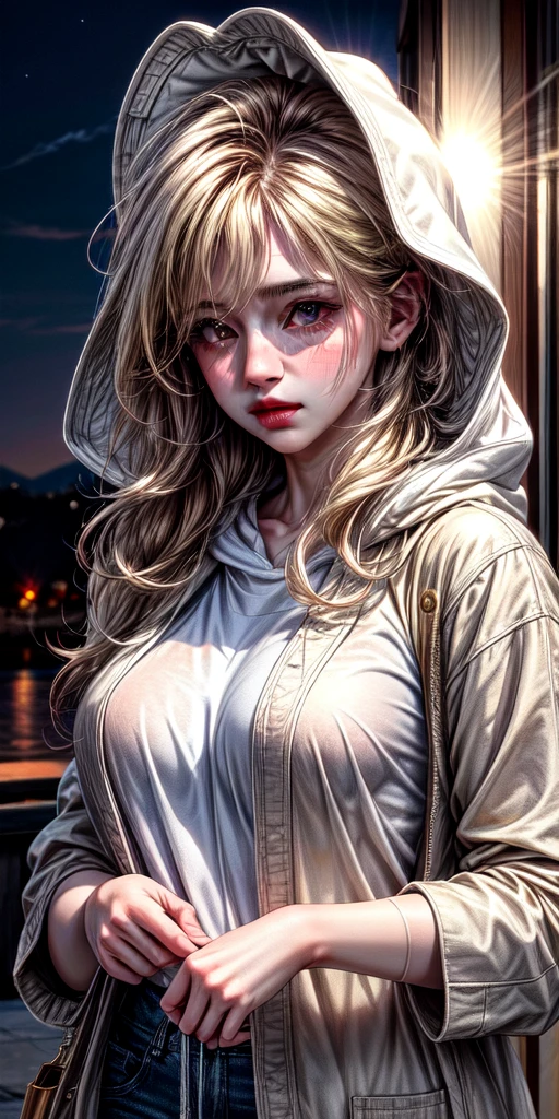 realistic, 1woman, blond hair, brown eyes, glowing eyes, white hoodie, pant, blush, night, flowers, sun, sunlight, mature woman in her twenties,
