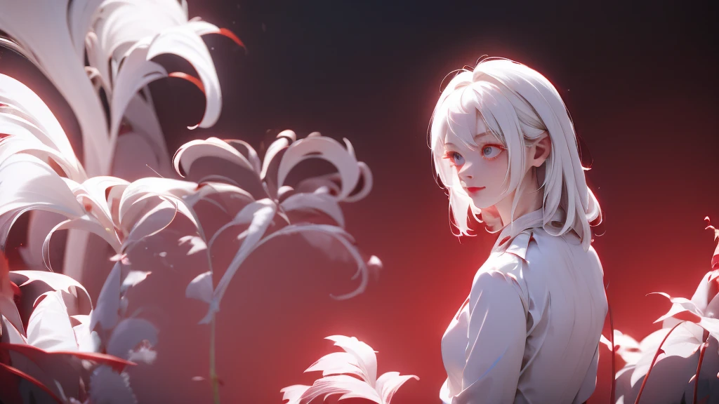 1 Girl, medium light white hair, light white eyes, wearing Red Suit 4D , night TOWN 18+, high res, ultrasharp, 8K, masterpiece, looking from behind