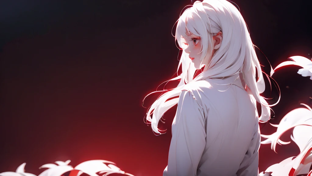 1 Girl, medium light white hair, light white eyes, wearing Red Suit 4D , night TOWN 18+, high res, ultrasharp, 8K, masterpiece, looking from behind