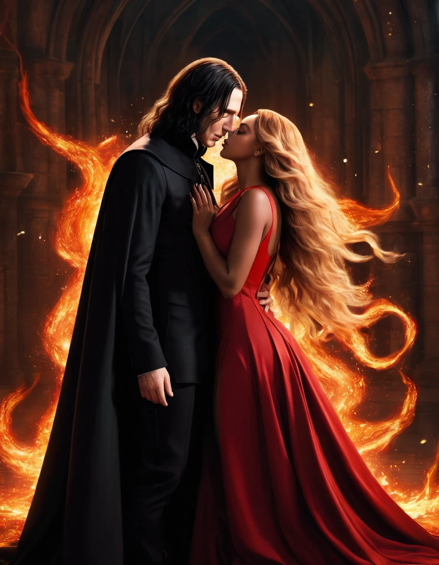 - Scene: Create an image of two people in love in a setting of mystery and passion.
- Woman's Appearance:
- Resembles Beyoncé
- Brown skin
- Long, golden blonde curly hair
- Confident and seductive expression
- Wearing a red dress, elegant and form-fitting
- Lips painted a deep, intense red
- Man's Appearance:
- Resembles Severus Snape
- Pale skin
- Large nose
- Black, straight hair falling around his face in a somber manner
- Serious and intense expression
- Wearing a black cloak, contrasting with the flames around them
- Atmosphere:
- Surrounded by flames, creating a mystical and fiery ambiance
- Soft lighting highlighting their faces, enhancing the sparkle in their eyes
- Flames adding an element of intensity and mystery to the scene
- They are close to each other, gazing intensely into each other's eyes, exuding a strong emotional connection