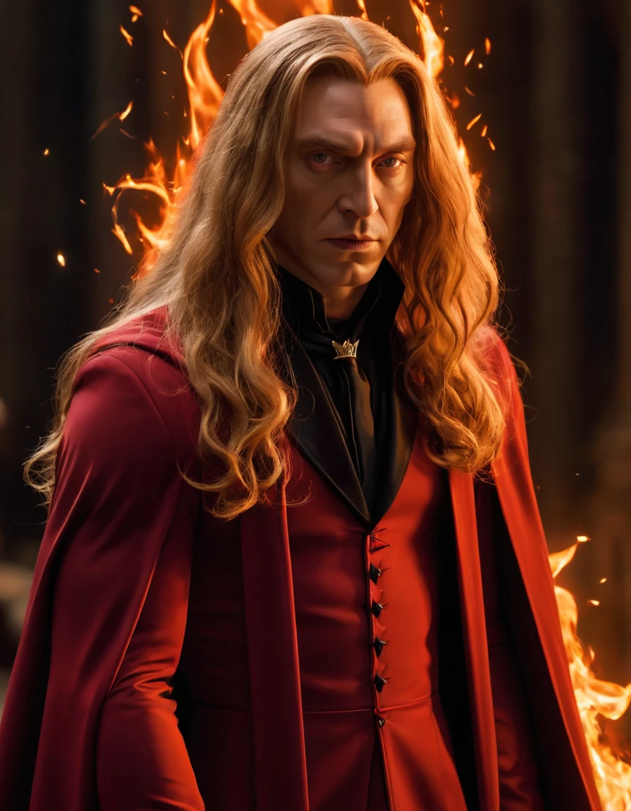 ### Scene: Create an image of two people in love in a setting of mystery and passion.

**Woman's Appearance:**
- Resembles Beyoncé
- Brown skin
- Long, golden blonde curly hair
- Confident and seductive expression
- Wearing a red dress, elegant and form-fitting
- Lips painted a deep, intense red

**Man's Appearance:**
- Resembles Severus Snape
- Pale skin
- Large nose
- Black, straight hair falling around his face in a somber manner
- Serious and intense expression
- Wearing a black cloak, contrasting with the flames around them

**Atmosphere:**
- Surrounded by flames, creating a mystical and fiery ambiance
- Soft lighting highlighting their faces, enhancing the sparkle in their eyes
- Flames adding an element of intensity and mystery to the scene
- They are close to each other, gazing intensely into each other's eyes, exuding a strong emotional connection