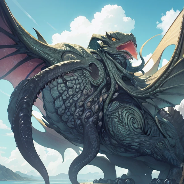 (Absurdres, master piece, best high quality image, very detailed features, very detailed textures, carefuly detailed with no deformed parts in all the artwork), solo creature alone.
Cthulhu:, he is grey and white, has a big brain, six yellow eyes, 50 tentacles around the head, six arms with six tentacle fingers, 10 magic angelic wings around the body, serious inexpresive eyes.
Floating on a green beautiful sky with blue clouds, a beautiful passive situation.
