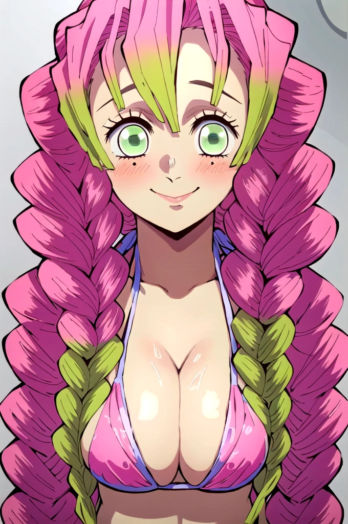 (masterpiece, best quality),  intricate details,
MitsuriKanroji,  kanroji mitsuri, 1girl, solo, long hair, winking, green eyes, pink hair, braid, green hair, twin braids, smile, cute smile, blushed smile, blush, blushing, large breast, huge breasts, bikini top, headshot, collarbone, neck, bare shoulders, pink bikini top, cleavage, in frame, peeker, top angle, shot from above, head shot, perfect shot, plain background, white background, photoshoot, complete head in frame, top of head, zoomed out, top of head,