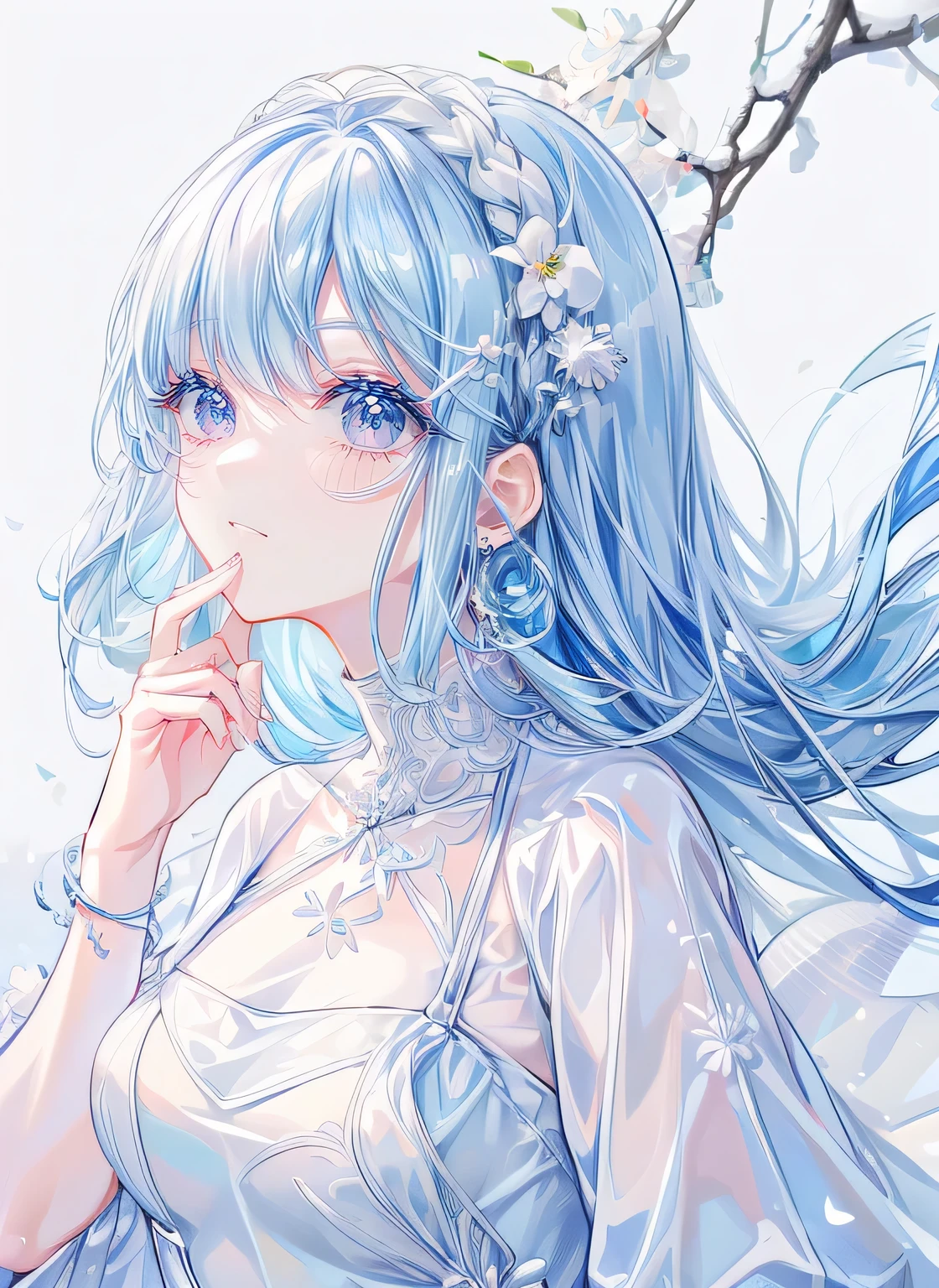(muste piece), (best quality), very detailed, 1 girl, perfect face, very detailed顔, light blue hair,(blue eyes:1.4),(simple white dress:1.5),winter, Tree branches with white flowers, winter background,