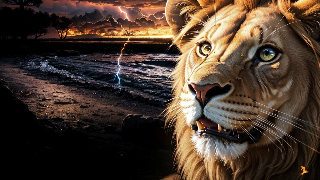 Lion, Divine Lion, naturals, Thunders, Realistic Lion, rey, realistic detailed, Sunset Light, Sky, Night Sun, realistic detailed 16K, Eletricidade Detalhada 8K, Texturas realistas de 8K, Cores photorrealistic 8K, fire azul, realistic detailed Fire Bolt, Sky Light Detailed, Power of thunder, Divine realistic, golden crown, golden crown, golden crown, naturey, Linda, Rendering, photorrealistic, UltraHigh definition, 4K, detailed textures, thunder, detailed shadows, detailed colors, neon blue, blue light, lightnings, blue power, naturey Linda, Great Divine, Peaceful Face, naturalss, lightning, Electric Power Screw, detailed contrast, realistic contrast, high resolution, detailed colors, fire, villany, divine creature, 8K FullHD, realistic detailed, 16K, 8K, High definition, detailed contrast, realistic contrast, high resolution, detailed colors, fire, villany, divine creature, 8K Realistic Lion Face, realistic detailed, posh, elegance