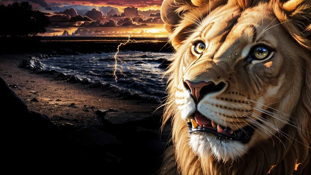Lion, Divine Lion, naturals, Thunders, Realistic Lion, rey, realistic detailed, Sunset Light, Sky, Night Sun, realistic detailed 16K, Eletricidade Detalhada 8K, Texturas realistas de 8K, Cores photorrealistic 8K, fire azul, realistic detailed Fire Bolt, Sky Light Detailed, Power of thunder, Divine realistic, golden crown, golden crown, golden crown, naturey, Linda, Rendering, photorrealistic, UltraHigh definition, 4K, detailed textures, thunder, detailed shadows, detailed colors, neon blue, blue light, lightnings, blue power, naturey Linda, Great Divine, Peaceful Face, naturalss, lightning, Electric Power Screw, detailed contrast, realistic contrast, high resolution, detailed colors, fire, villany, divine creature, 8K FullHD, realistic detailed, 16K, 8K, High definition, detailed contrast, realistic contrast, high resolution, detailed colors, fire, villany, divine creature, 8K Realistic Lion Face, realistic detailed, posh, elegance